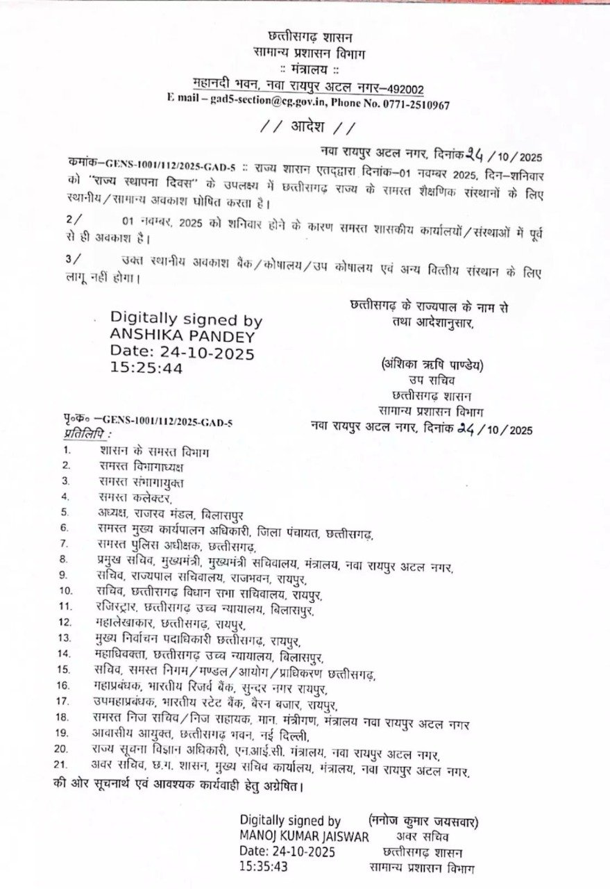 Cg Breaking | 1 नवंबर को सभी शैक्षणिक संस्थानों के लिए अवकाश घोषित