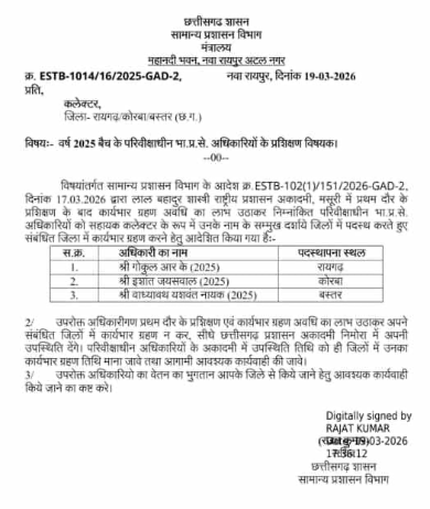 Cg Breaking | IAS ट्रेनिंग खत्म… छत्तीसगढ़ में 2025 बैच के अफसरों की पहली पोस्टिंग