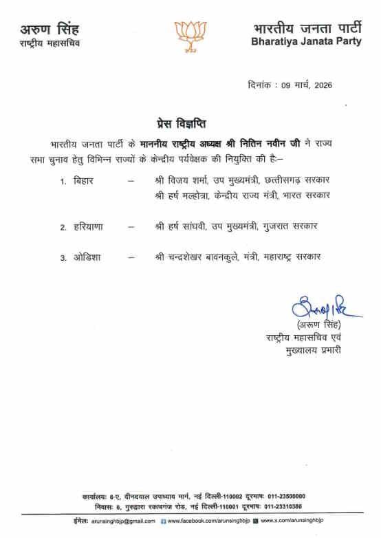 Chhattisgarh | राज्यसभा चुनाव से पहले भाजपा की बड़ी नियुक्ति…