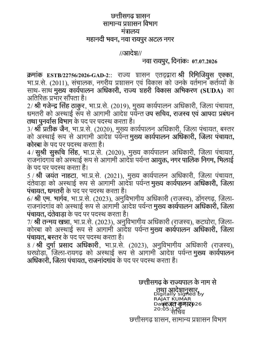 Chhattisgarh IAS Transfer | छत्तीसगढ़ में देर रात बड़ा प्रशासनिक फेरबदल…